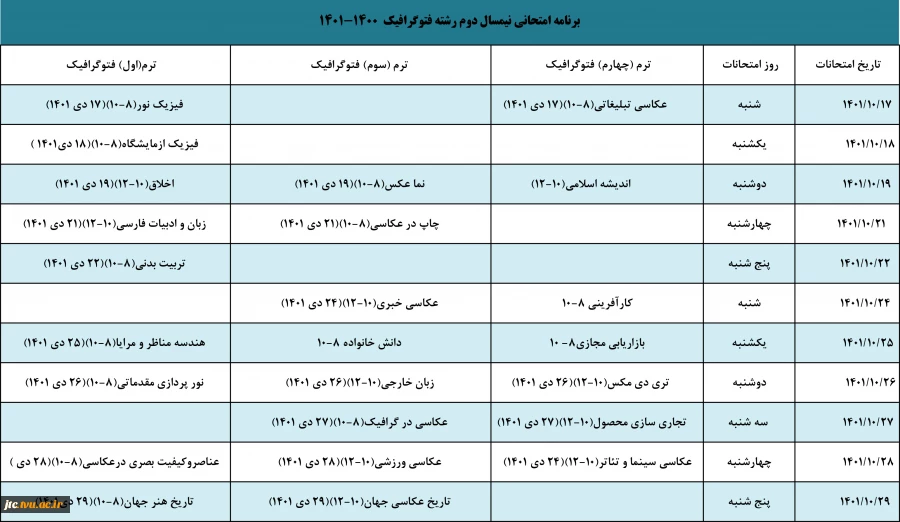 برنامه امتحانات پایان ترم نیمسال اول 1401 3